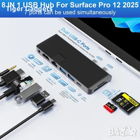 USB-C хъб 8 в 1 за Microsoft Surface Pro 12 (2025) с Thunderbolt 4, HDMI 4K и LAN, снимка 2 - Кабели и адаптери - 55584767