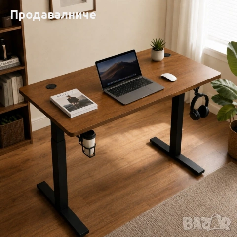 Практично кафяво бюро с вграден органайзер за кабели, 120x60 см - С поставка за чаша и слушалки, снимка 3 - Бюра - 54680484