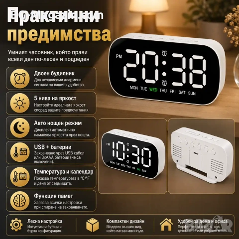 Електронен LED светещ настолен часовник с аларма на ток с USB с термометър календар големи цифри, снимка 3 - Други - 51178893