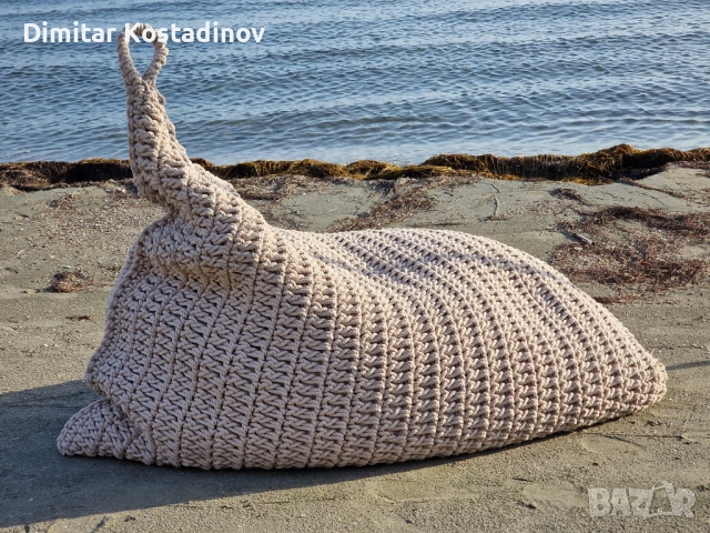 Ръчно плетен бохо барбарон, макраме пуф за открито, плътен плетен пуф, плетен стол, снимка 5 - Декорация за дома - 54598585