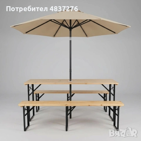 Сгъваем комплект за пикник с дървена маса и 2 пейки с отвор за чадър, снимка 2 - Градински мебели, декорация  - 54777734
