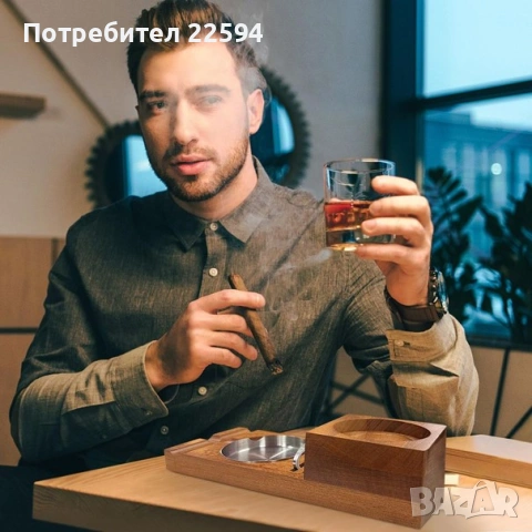 Дървена стойка за чаша с алуминиев пепелник и ножица за пури, цигари, пурети, подарък за мъже, снимка 2 - Други - 54791870