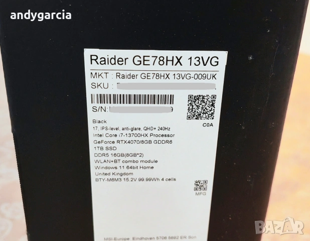  NVIDIA RTX 4070 8GB/Intel Core i7-13700HX/16GB RAM/1TB SSD NVMe/17.3 QHD IPS 240hz/MSI Raider GE78, снимка 4 - Лаптопи за игри - 53889096