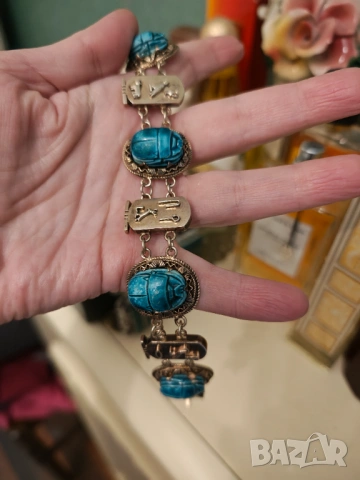 Антикварна сребърна гривна скарабей тюркоаз позлата