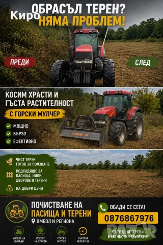 Почистване на пасища и терени. Мулчиране и Косене. Бързо и изгодно! 