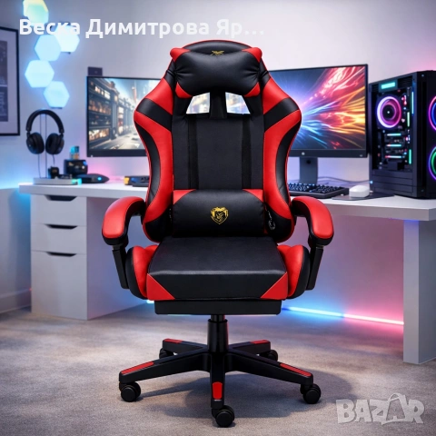 Удобен геймърски стол с поставка за крака и масажна лумбална възглавница, Черно-червен, снимка 2 - Столове - 53959405