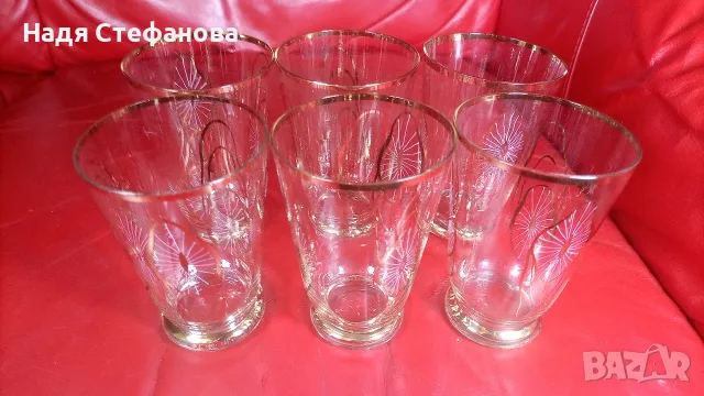Страхотни ретро водни чаши, златни кантове, ръчно рисувани, 6 бр