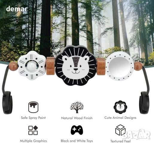 iGRATENS дървена играчка с огледало за бебешки шезлонг, играчки за ранно разпознаване в черно и бяло, снимка 5 - Други - 54028126