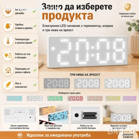 Модерен LED електронен LED настолен часовник на ток за детска спалня офис дигитален големи цифри, снимка 4 - Други - 51038367