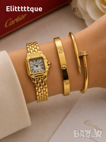комплект часовник и гривни от висококачествена стомана cartier , снимка 4 - Гривни - 54904475