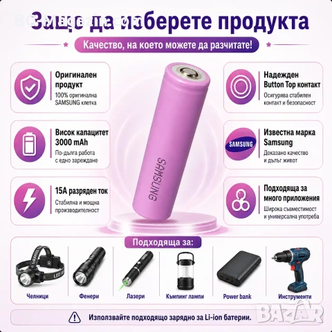 Оригинална качествена презареждаща се батерия Samsung 18650 3000mAh 3.7V презареждаща се за фенр, снимка 5 - Друга електроника - 51102926