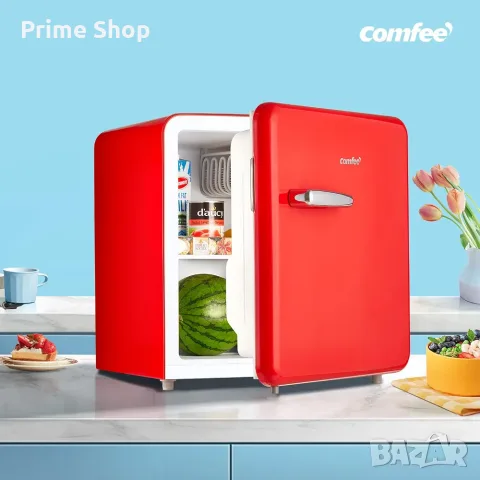 Минибар COMFEE 47L, Мини хладилник с компресор, Ретро дизайн, Червен, Бял 