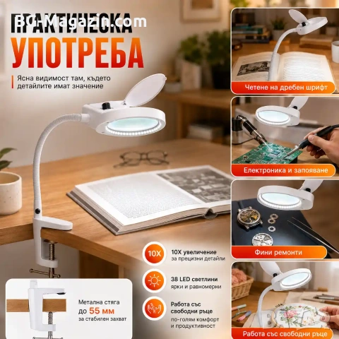 Професионална мощна увеличителна настолна лупа 10X увеличение с LED осветление за четене гоблени, снимка 6 - Други инструменти - 50921138