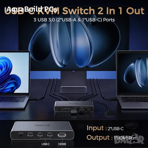 Suidek USB C KVM превключвател за 1 монитор и 2 компютъра, нов, снимка 3 - Кабели и адаптери - 55540315