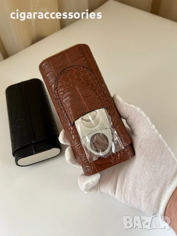 Кожен калъф за 3 пури с кедрово дърво + резачка (крокодилски ефект), снимка 5 - Табакери - 54098044