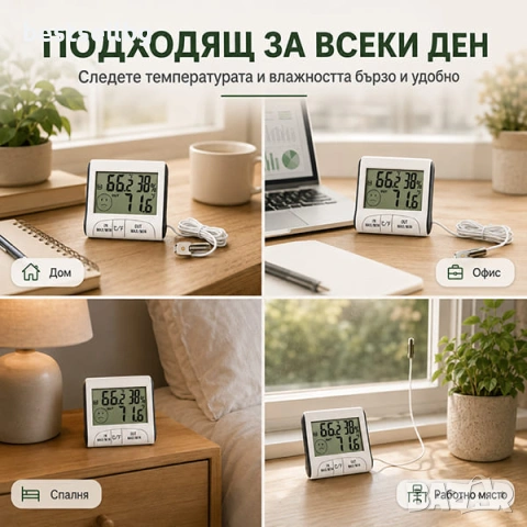 Дигитален термометър с влагомер и сонда за вътрешна и външна температура, снимка 3 - Друга електроника - 29262772