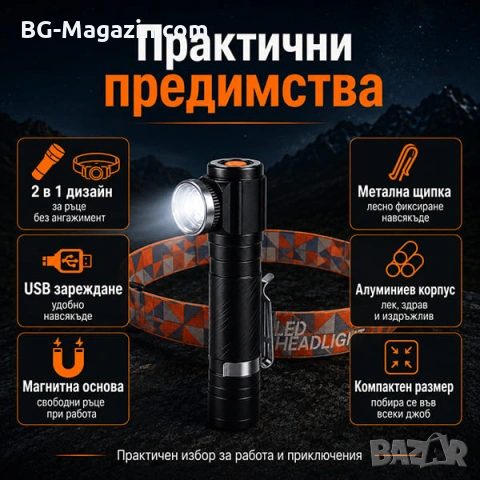 Мощен LED акумулаторен челник за глава 2в1 туристически лед фенер USB за риболов къмпинг палатка, снимка 6 - Къмпинг осветление - 50938502