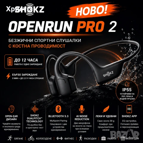 НОВО!!! Безжични спортни слушалки с костна проводимост Shokz OpenRun Pro 2