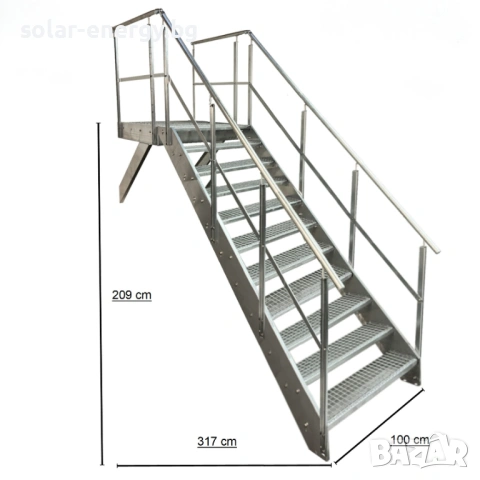 Метално стълбище с площадка 11 стъпала | За монтаж към стена | Поцинковано
