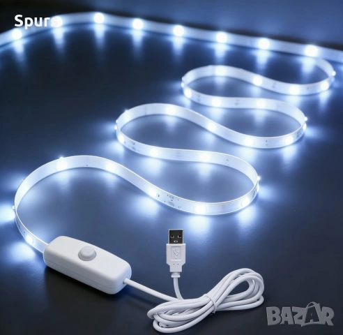 USB LED лента 5V с бутон – бяла светлина, декоративно осветление, снимка 2 - Лед осветление - 54917866
