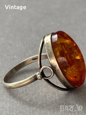 Антикварен съветски сребърен пръстен с кехлибар , снимка 7 - Пръстени - 53260437