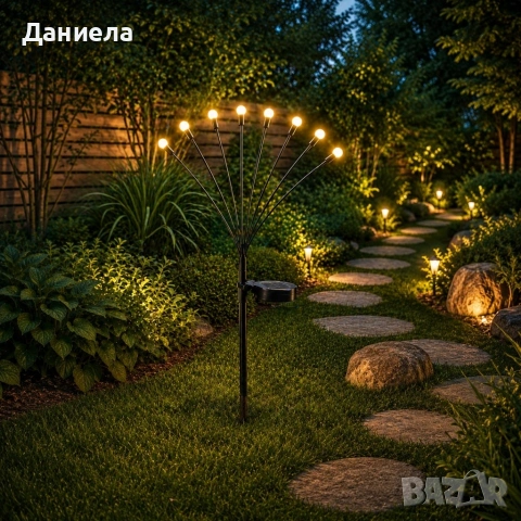 Соларни декоративни градински лампи с 8 LED светлини – комплект 2 броя, топло бяла светлина, снимка 4 - Декорация за дома - 54837234