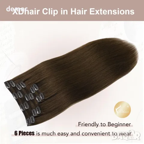 XDhair екстеншъни за коса тип „щипка“ от естествена човешка коса, средно кафява,100 гр.,6бр., 40 см, снимка 2 - Аксесоари за коса - 55568927