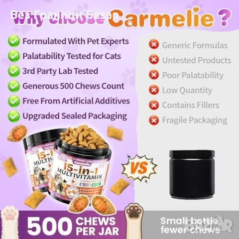 Нови Витамини за котки 15 в 1 с Омега 3 за кожа козина и имунитет 500 хапки пиле , снимка 9 - За котки - 54128971