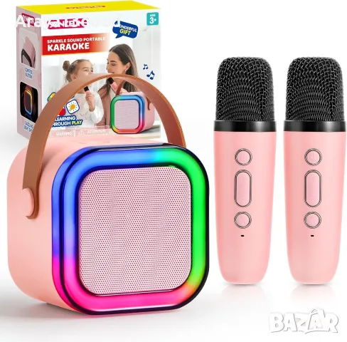 SYNCFUN Мини караоке машина с 2 безжични микрофона – Bluetooth високоговорител с LED светлини