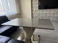 Дизайнерска трапезна маса 160х90см - стъкло, дърво и огледална основа, снимка 2
