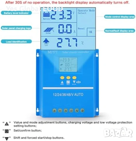 MPPT соларен контролер 100A 12-48V с LCD и USB, снимка 4 - Друга електроника - 55016861