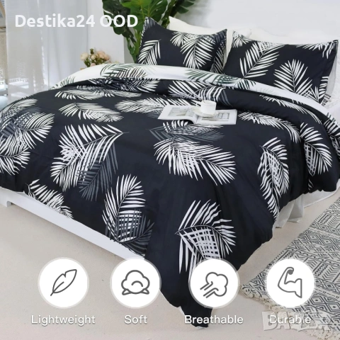 Мек и приятен спален комплект 180x220 черен с бели листа 4 части, снимка 3 - Спално бельо - 54378081