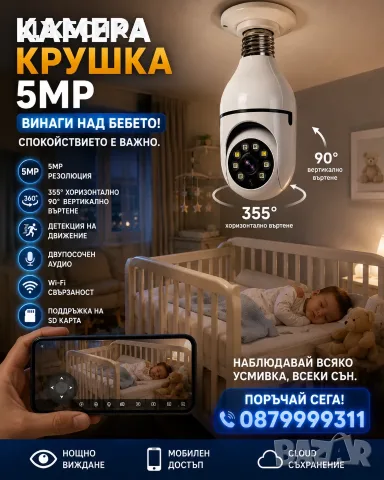 Куполна камера Full HD 360° Крушка Camera скрита фасонка лед, снимка 2 - HD камери - 55539656