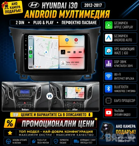 Мултимедия, за Hyundai I30, GD, Двоен дин, Андроид, навигация, 2DIN, плеър с Android, Хюндай I30