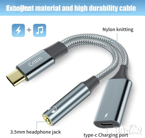 Преходник DAC USB C към 3,5 мм Aux жак за слушалки и адаптер за зарядно USB C 60W бързо зареждане , снимка 2 - Друга електроника - 55143271