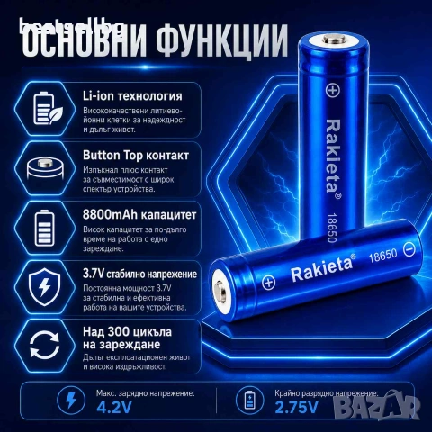 Качествена батерия 18650 за фенер прожектор RAKIETA 8800mAh 3.7V, снимка 2 - Друга електроника - 39788960