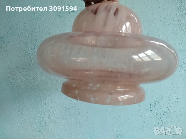 винтидж стъклен абажур за лампа полюлеи (плафониера), изработен от розов опалин с мраморен ефект Арт, снимка 7 - Други ценни предмети - 55149841
