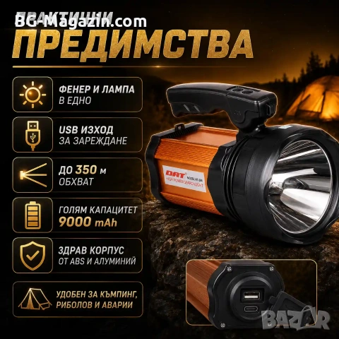 Мощен акумулаторен прожектор LED фенер къмпинг лампа за риболов туризъм палатка аварии работа лов, снимка 3 - Къмпинг осветление - 51017345