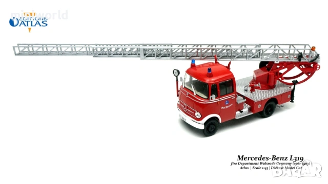 Mercedes-Benz L319 Пожарна стълба 1961 - мащаб 1:43 на Atlas моделът е нов в блистер, снимка 8 - Колекции - 54441009