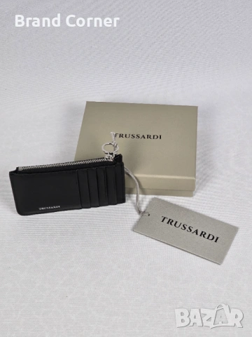 Ново портмоне / картодържател Trussardi с цип, кутия и етикет – черно