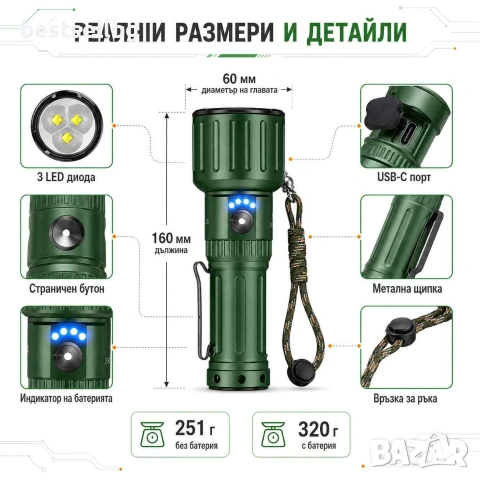 Мощен тактически акумулаторен фенер YEMAO 5080 лумена 3x KX50 LED USB-C Power Bank един бутон, снимка 6 - Къмпинг осветление - 55154537