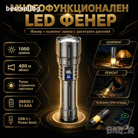 Мощен акумулаторен фенер прожектор YEMAO White Laser 1000 лумена 400 м USB-C Power Bank и къмпинг ла, снимка 9 - Къмпинг осветление - 55154544