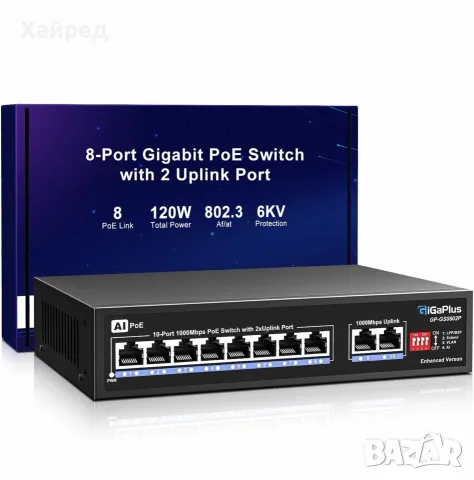 Нов GiGaPlus GP-GS0802P 10-Port Gigabit PoE+ Switch – 8 PoE порта + 2 Gigabit Uplink мрежов суитч 