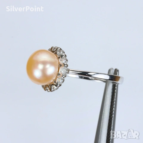 Сребърен пръстен с натурална розова Перла и сертификат , снимка 3 - Пръстени - 54239372