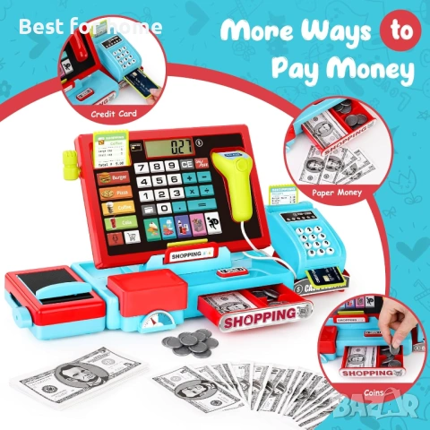 52 бр. играчка касов апарат за деца със звукова музика/скенер/микрофон/кредитна карта/пари за игра, снимка 4 - Други - 54127330