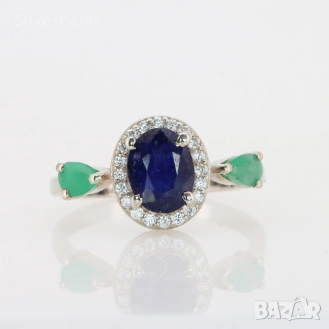 Сребърен пръстен с голям Сапфир Royal Blue и Изумруди със сертификат 