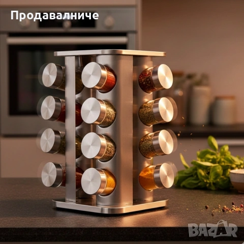 Въртящ се органайзер за подправки Cheffinger - С 16 бурканчета от неръждаема стомана, снимка 3 - Аксесоари за кухня - 54615490