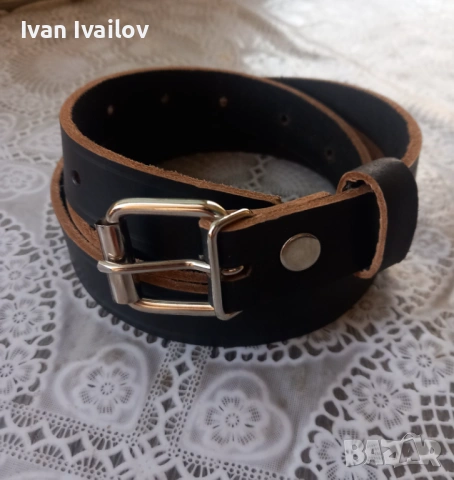МАКСИ Колан (2.5 см) – ЕСТЕСТВЕНА КОЖА – Черен с натурален кант (до 145 см), снимка 3 - Колани - 54131262