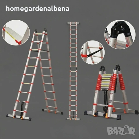 Телескопична алуминиева стълба 6.2 м | Стабилизатори и Click-Lock | Home&Garden V&B Fashion Hub, снимка 4 - Строителни материали - 54504309