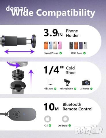 LISEN 170 см статив за телефон, селфи стик статив с дистанционно за iPhone и Android, снимка 7 - Селфи стикове, аксесоари - 53961286
